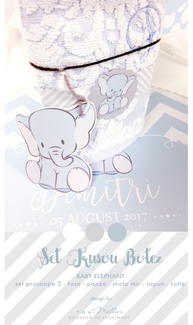 Trusou de botez cu broderie personalizata pentru baieti, Bleu & Grey Elephant 10